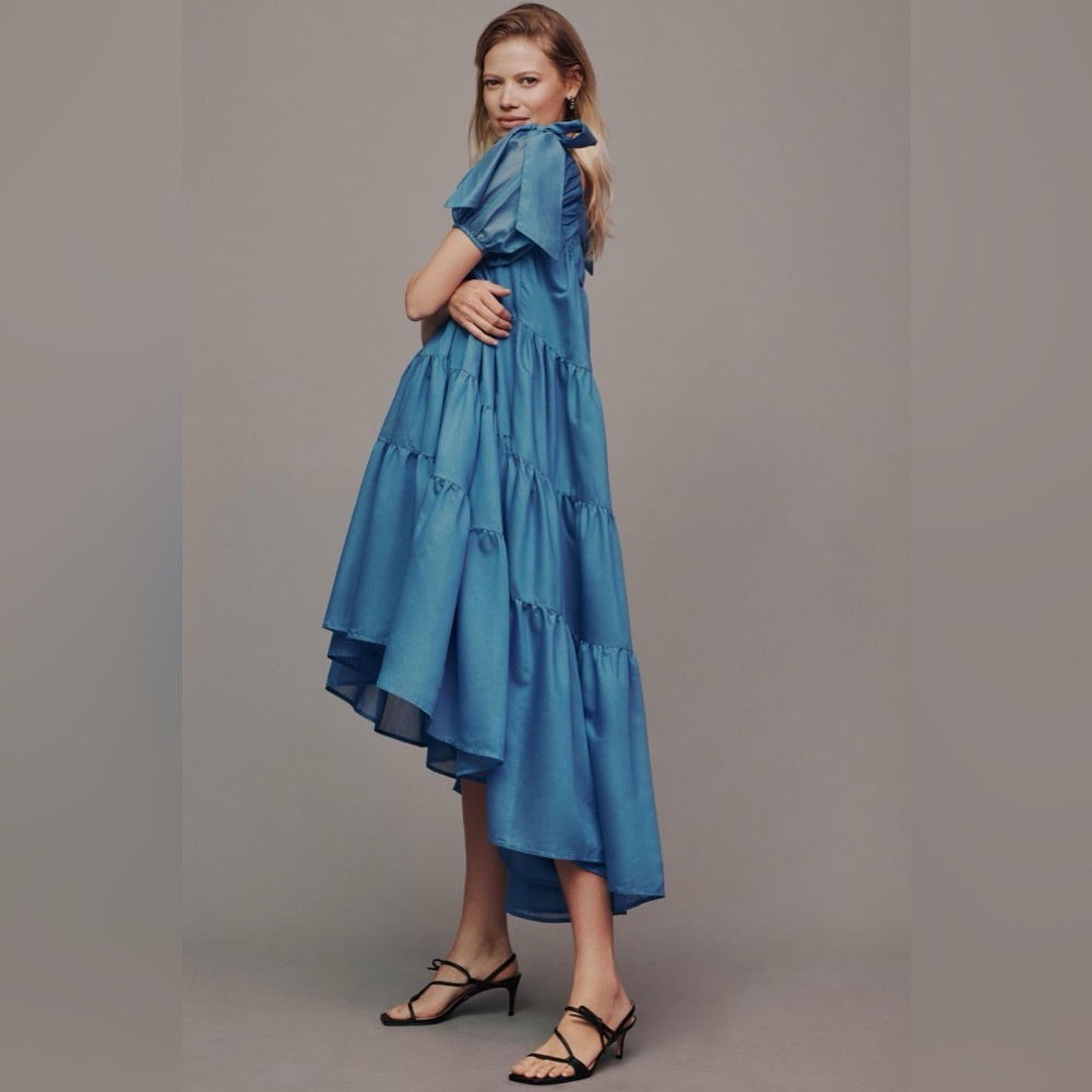 ✨ Anthropologie Off-The-Shoulder Tiered High-Low Midi Dress Sz S - Picture 2 of 8